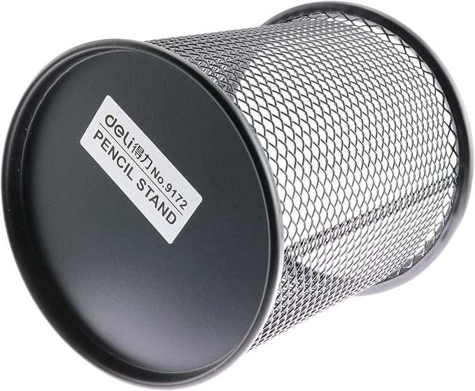 1-Pack Mesh Pen Holder Round Shape Pencil Container Multipurpose Metal Hollow Out Desktop Storage Organizer for Student Stationery Office Supplies(Black)