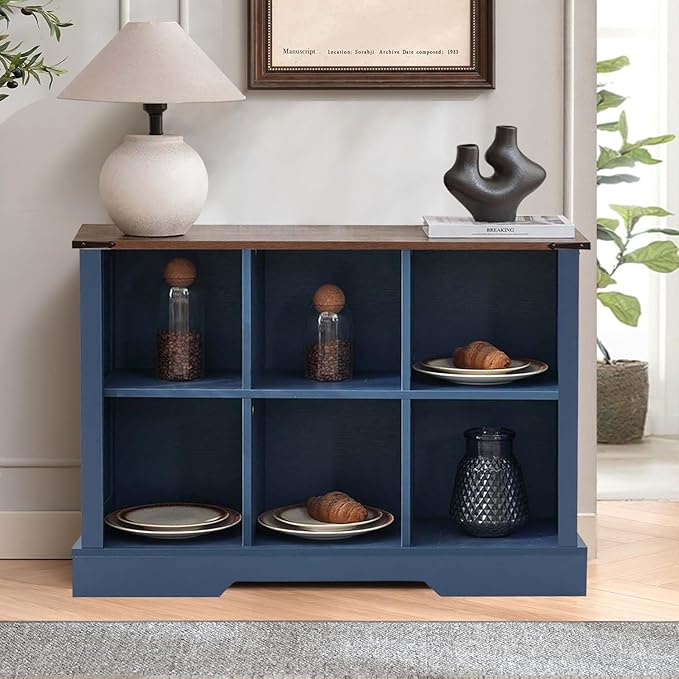 6 Cube Storage Organizer, 2 Tier Bookshelf for Living Room, Farmhouse Bookcase with Led, Kids Toy Storage Cabinet, Wall Cubby Shelves for Home Decor, Wood Display Cabinet for Bedroom, Blue