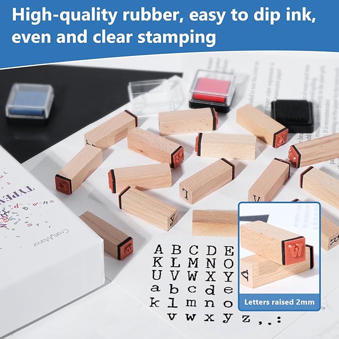 65 PCS Small Letter Stamps and Ink Pad for Crafting, Clay Alphabet Wooden Rubber Stamp Kit for Kids, DIY Craft Scrapbook Supplies for Card Making (Large-68PCS)
