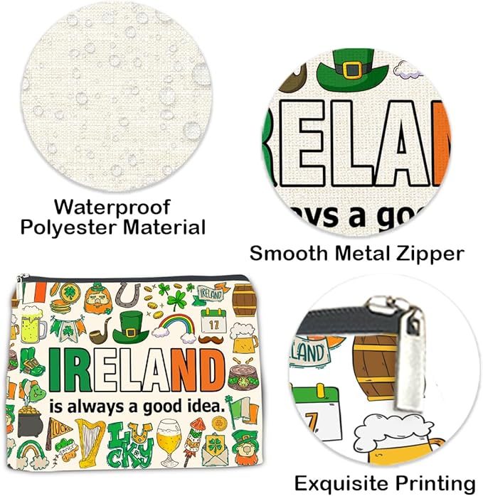 NGAEAK Ireland Gifts Cosmetic Bag, Ireland Gifts for Women Christmas Birthday Zipper Makeup Pouch Small Makeup Bag