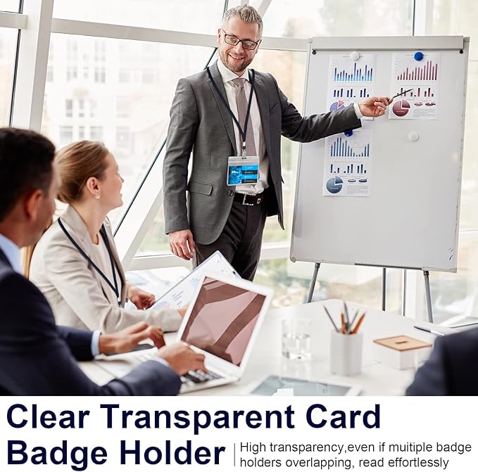 Marspark 100 Sets Clear Name Tags with Lanyard, Lanyards for ID Badges Reusable Strap with ID Holder Plastic Name Badges for Adults Business School Church Conference (Dark Blue)