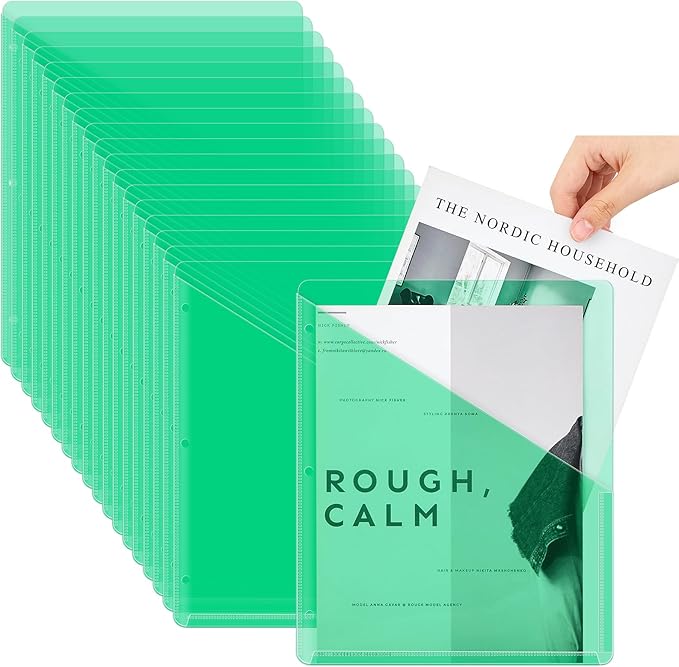 Seajan 48 Pcs Pocket Folders for 3 Ring Binder Clear Plastic Folders Sleeves with 2 Pockets 3 Hole Punch Binder Dividers Poly Slash File Jackets for Office School Document Organizer (Green)