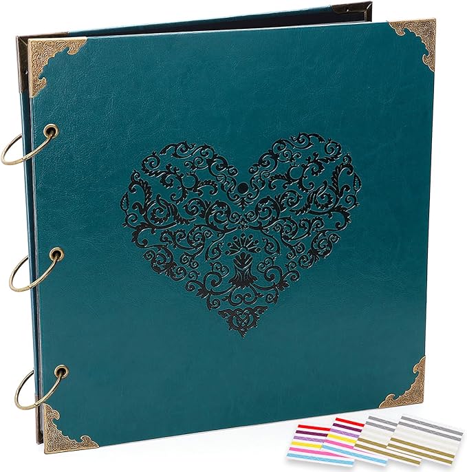 Photo Album DIY Scrapbook, 10x10 inch 50 Pages Vintage Leather Cover Three-Ring Binder Love Picture Booth Albums with 408pcs Self Adhesive Photos Corners for Memory Keep, Heart (Jasper Green)