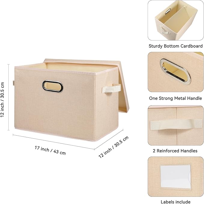 Voova Large Collapsible Storage Bins with Lids, 3 Pack Stackable Line Fabric Cube Storage Organizer, Foldable Closet Storage Boxes Baskets Containers with Cover for Clothes Bedroom Office Home,Apricot