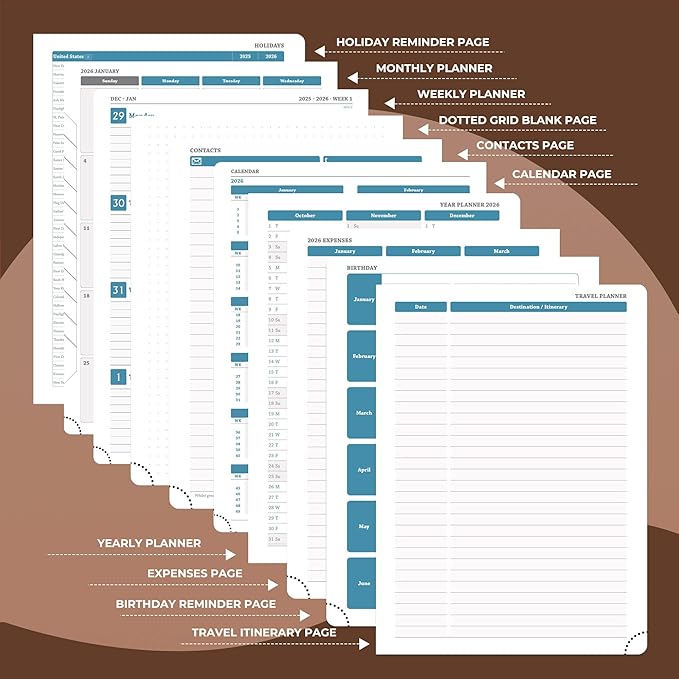 Planner 2026 Daily Weekly and Monthly,11.5"x8.5",12 Months Spiral Bound Calendar Agenda with Self-adhesive Pen Holder,2026 Appointment Book with Vegan Leather Soft Cover,Brown