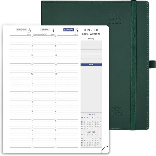 POPRUN Weekly Planner 2025-2026, 7.25'' x 8.5'', 15-Minute Hourly Appointment Book (July 2025-June 2026) with PU Leather Softcover, Monthly Tabs, Inner Pocket - Forest Green