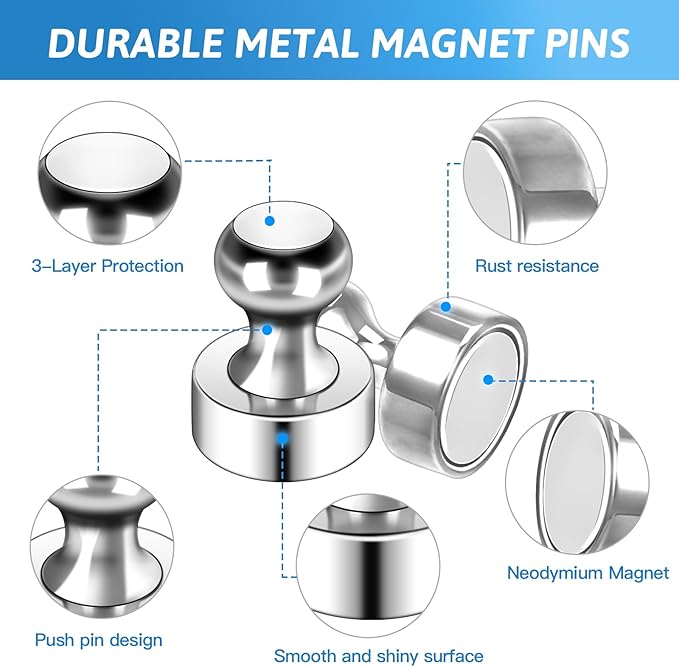 20Pack Magnets for Whiteboard Strong Fridge Magnets Silver Push Pin Refrigerator Locker Magnets for School and Home