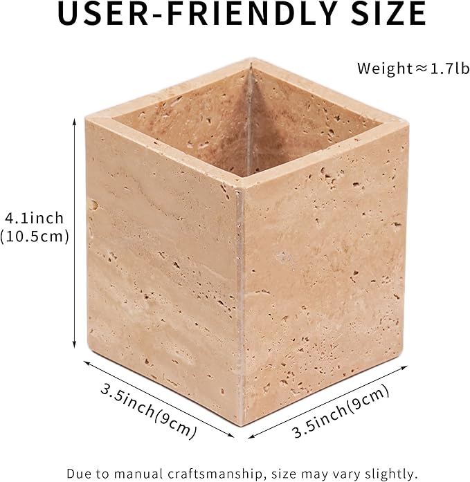 Marble Makeup Brush Holder - Travertine Candle Toothbrush Cup for Bathroom Accessories, Decorative Pencil Organizer for Office Desk Aesthetic, Stone Utensil Container for Kitchen