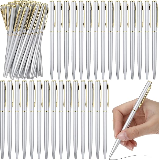 Lincia 100 Pieces Silver Slim Metal Ballpoint Pen 1 mm Medium Black Ink Smooth Writing Silver Retractable Point Metal Pen for Office Business Students Teachers Wedding Guest(Classic)