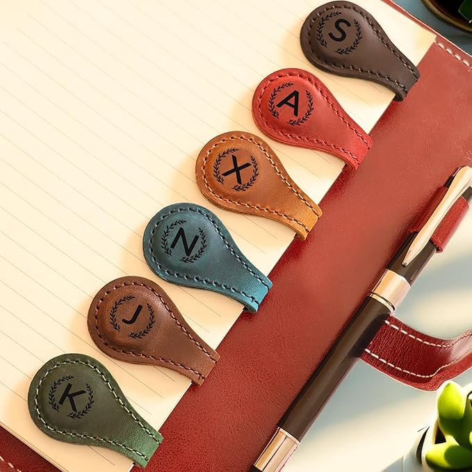 Magnetic Leather Bookmark with 26 Initial for Reading Women,Personalized Magnet Book Marks Gifts for Men,Book Lovers (Dark Brown, M)