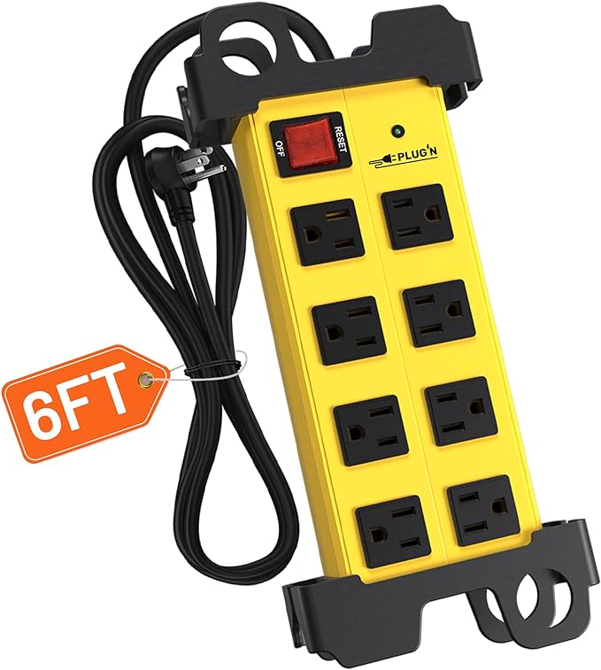 Plug'n 8 Outlet Heavy Duty Power Strip,Wide Spacing,Workshop Surge Protector 2700J with 6FT Extension Cord,Industrial Metal Power Strip 15Amp,Yellow Wall Mount Power for Garage,Office