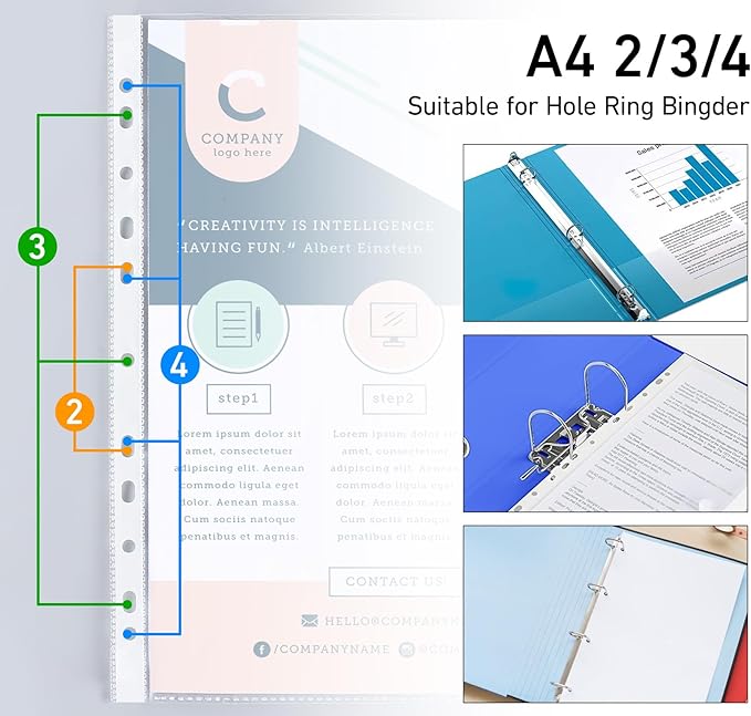 Clear Sheet Protectors 11.89 x 9.17in,100 A4 Punched Pocket,Heavy Duty Binder Sleeves 11-Hole Plastic Page Protectors Sheet Top Loaded for 2/3/4 Ring Binder Fits Standard A4 Paper for Home,Office