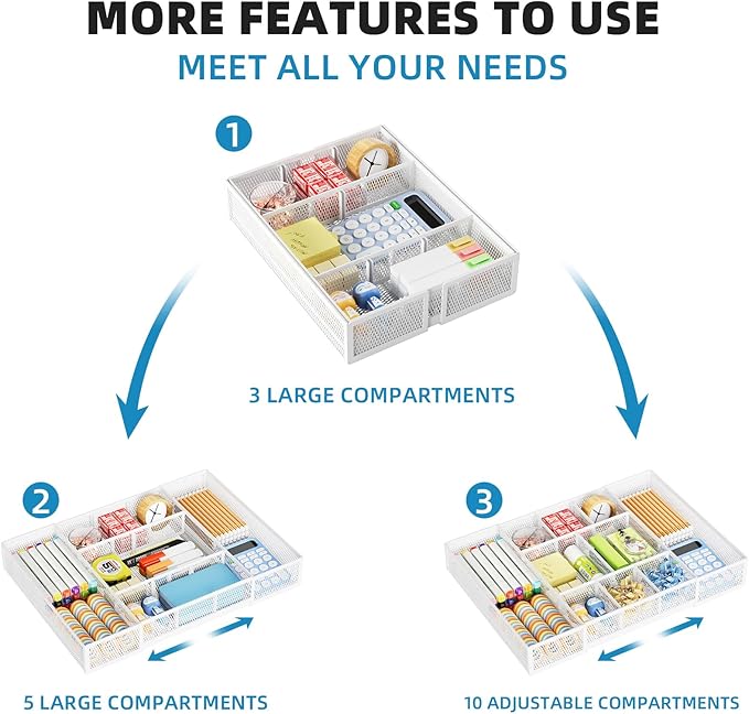 Marbrasse Expandable Desk Drawer Organizer, Mesh Drawer Organizer Tray with 10 Adjustable Compartments, Desk Organizers and Accessories, 5 Dividers Drawer for Office Supplies, Makeup & Vanity (White)