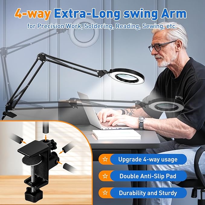 12X Long Swing Arm Magnifying Glass with Light and Stand, NUEYiO 4-Way Large Strong Metal Clamp Lighted Magnifier Lamp, 5 Color Modes LED Magnifying Lamp for Workbench, Crafting, Hobby