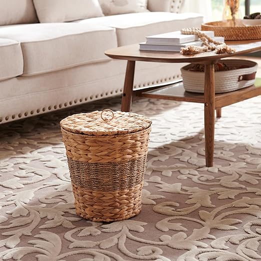 YANGQIHOME Wicker Trash Can with Lid - Water Hyacinth & Seagrass Garbage Can - Handwoven Wicker Waste Basket for Bathroom, Bedroom, Office, Living Room, Laundry Room - 3.8 Gallon