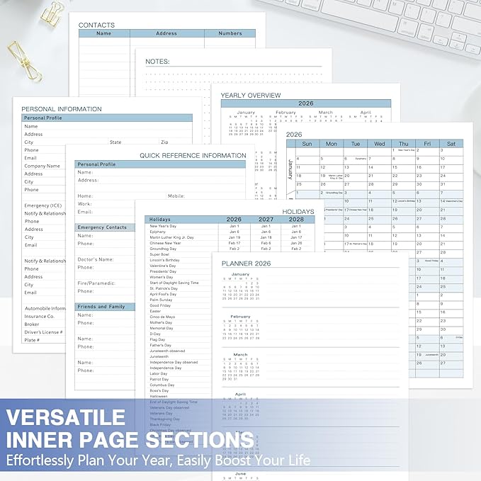 GuassLee Large 2026 Planner, Weekly and Monthly Planner from January 2026-December 2026, 8.5"x 11" Calendar Agenda Book with Back Pocket, Stickers for Home Office School Supply, Blue Floral, A4 Size