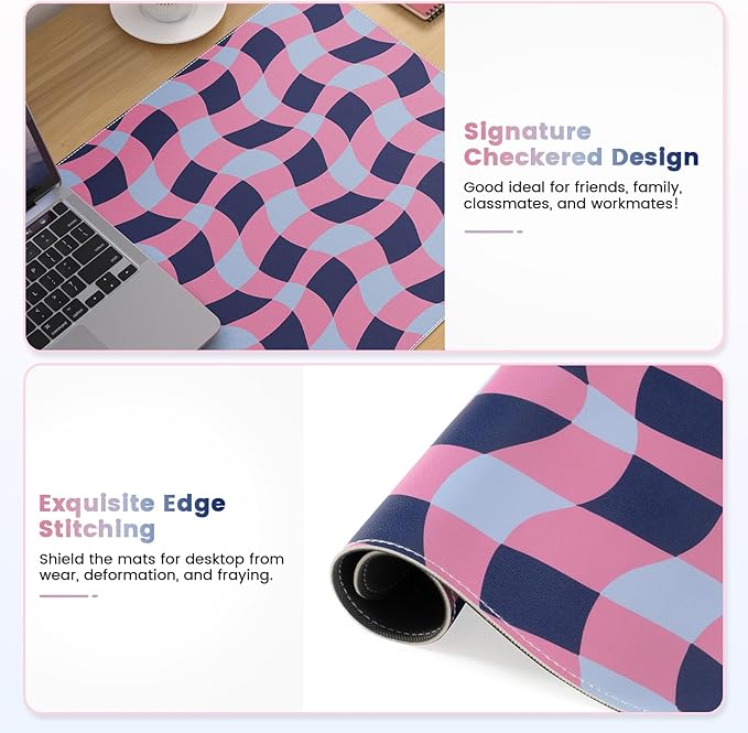 HAOCOO Checkered Desk Mat, 35.4" x 15.7" Leather Desk Matt, XXL Mouse Pad Office Decor, Non-Slip Keyboard Pads, Water Resistant Table Mat, Stitched Edge Keyboard Pad for School, Home(Pink)