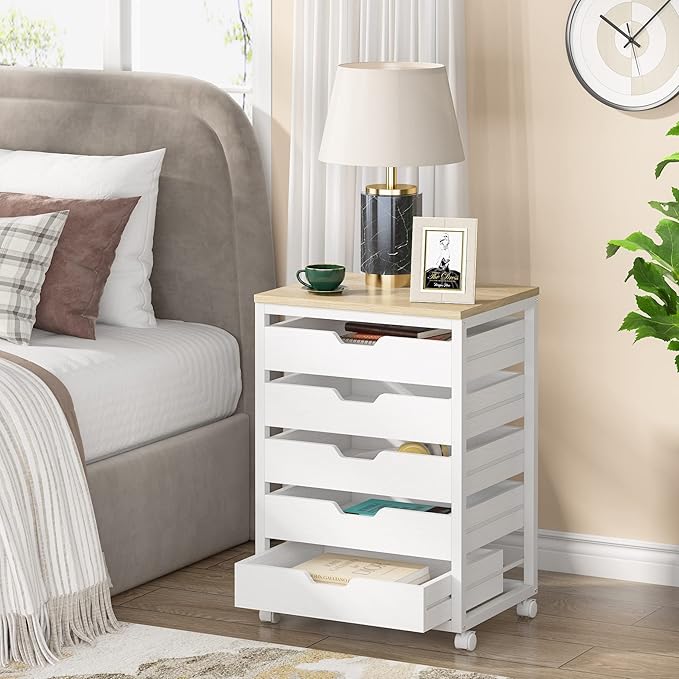 Tribesigns 5 Drawer Chest, Wood Storage Dresser Cabinet with Wheels, Industrial Storage Drawer Organizer Cart for Office Bedroom Entryway (White, 1 PC)