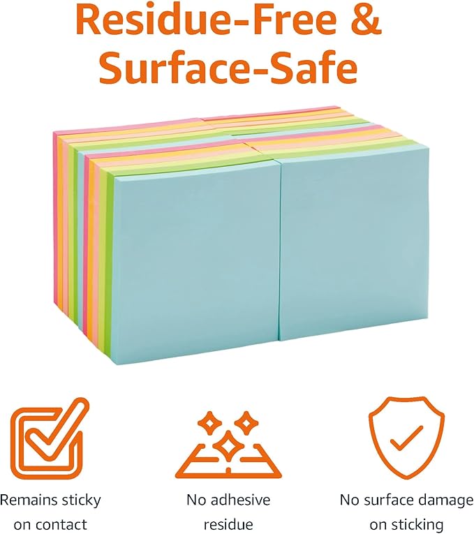 Amazon Basics Square Sticky Notes, Office Supplies for Desk, 3-x-3-inch, 24-Pack, Assorted Colors