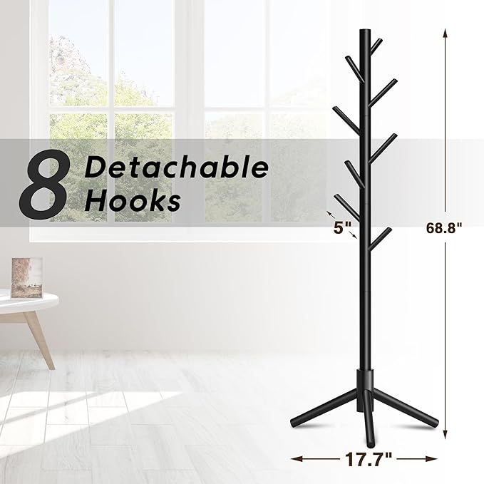 Wooden Coat Rack, Free Standing Coat Rack with 8 Hooks 3 Adjustable Heights for Clothes, Hats, Handbags, Coat Tree Easy Assembly for Entryway, Bedroom, Hallway, Office (New Black)