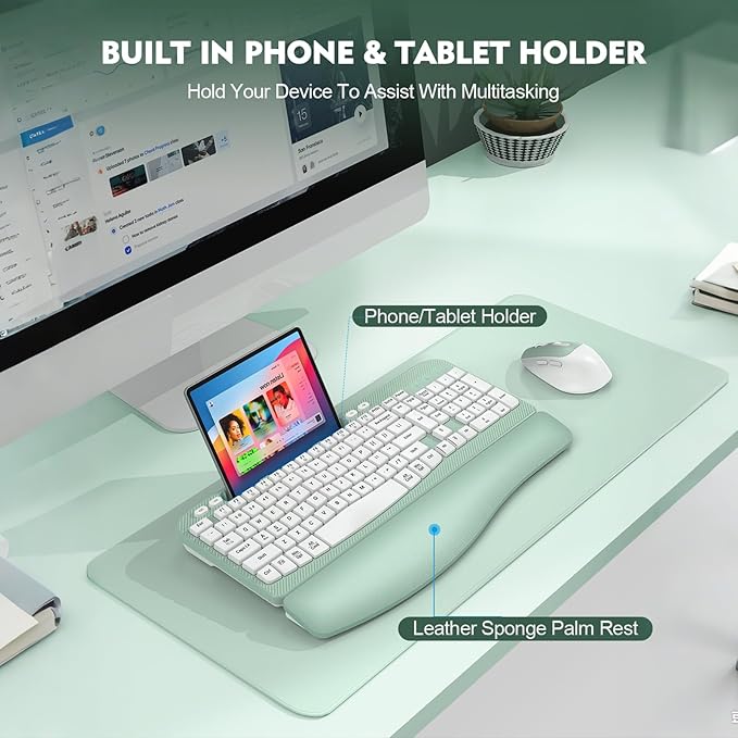 Wireless Keyboard and Mouse Combo, Wave Keys Full-Sized Ergonomic Keyboard with Cushioned Plam Rest, Phone Holder, Comfortable Natural Typing, 2.4G Cordless Set for Computer, Laptop, PC, Mac, Windows