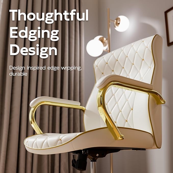 White and Gold Office Chair with Soft Leather Embroidery, Mid Back Vintage Swivel Executive Desk Chair with Wheels and Padded Arms, Adjustable Height