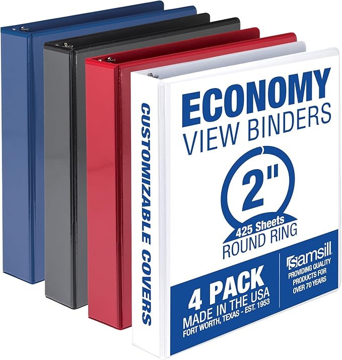 Samsill 2 Inch 3 Ring Binders, Made in USA, Economy Round Ring, Clear View Cover, 425 Sheet Capacity - for School, Home, Office - Assorted, 4 Pack