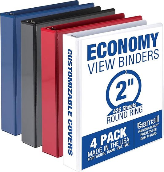 Samsill 2 Inch 3 Ring Binders, Made in USA, Economy Round Ring, Clear View Cover, 425 Sheet Capacity - for School, Home, Office - Assorted, 4 Pack