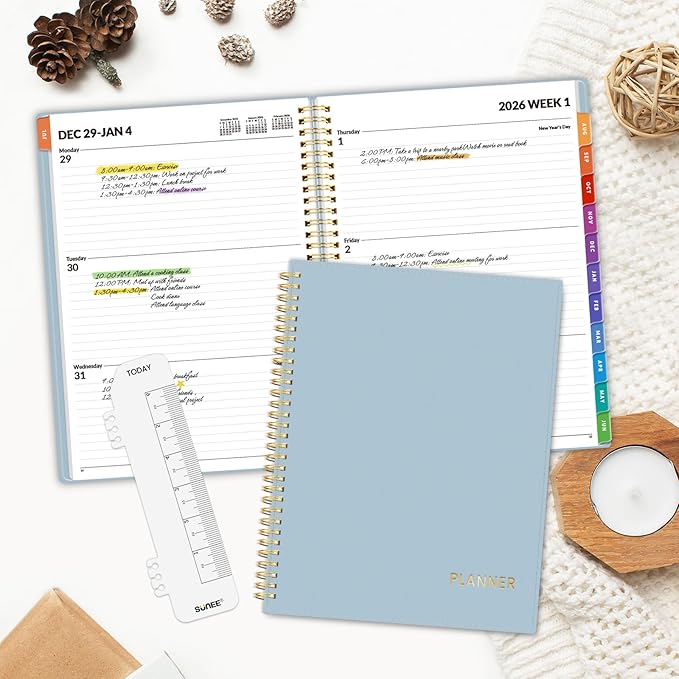 SUNEE 2026 Weekly and Monthly Planner - from January 2026 - December 2026, 8.5"x11" Daily Agenda Planner with Monthly Tab, Flexible Cover, Note Pages, Pockets, Bookmark, Spiral Binding, Gray Blue