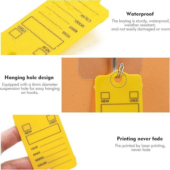 200 Car Key Tags with Labels Plastic Car Dealership Key Tags Self Locking Automotive Identifiers Blank Shop Labels with One Pen (Yellow)