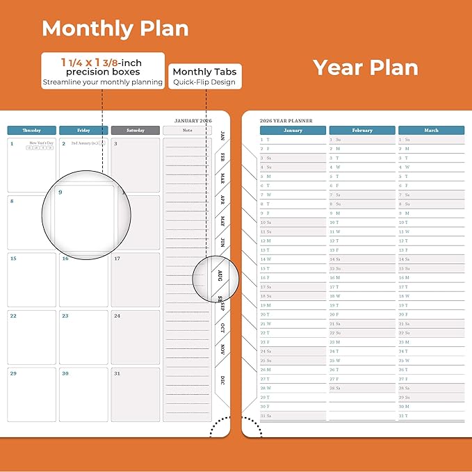 Planner 2026 Daily Weekly and Monthly,11.5"x8.5",12 Months Spiral Bound Calendar Agenda with Self-adhesive Pen Holder,2026 Appointment Book with Vegan Leather Soft Cover,Orange