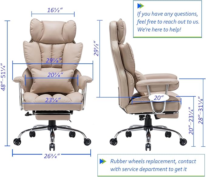 Efomao Big and Tall Office Chair 400lbs – PU Leather Executive Office Chair with Lumbar Support & Leg Rest, Heavy-Duty Computer Chair for Home Office, Dark Beige