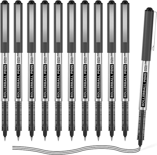 Shuttle Art Rollerball Pens, 10 Pack 0.5mm Extra Fine Point Black Liquid Ink Pens, Quick Drying & Long Lasting Pens Black Ink for Writing, Journaling, Notes Taking, School Office Supplies