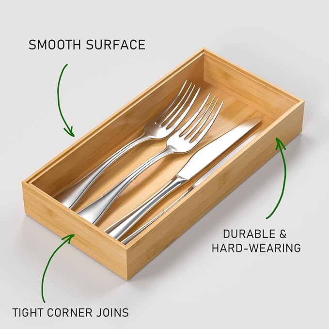 Silverware Tray for Drawer, Stackable Kitchen Bamboo Drawer Organizer 12" x 6" x 2" Set of 2