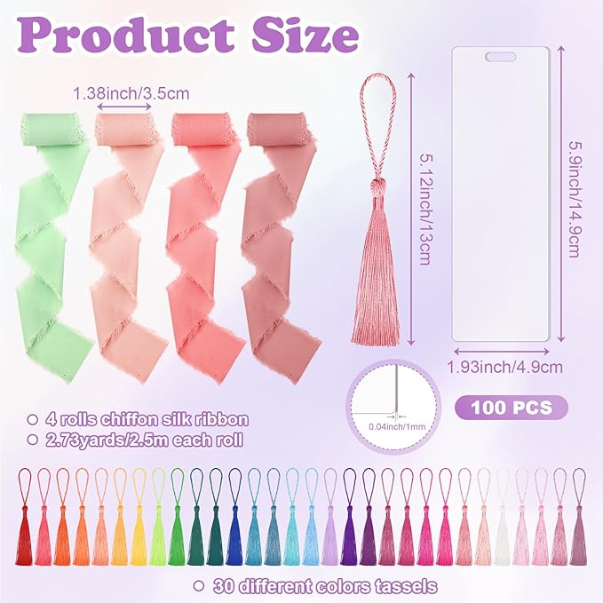 100 Pieces Acrylic Bookmark Blanks, Clear Acrylic Bookmarks with 30 Pieces Tassels and 4 Rolls Chiffon Silk Ribbon, Transparent DIY Bookmarks for Book Lover Crafts Present Tag Reading Accessories