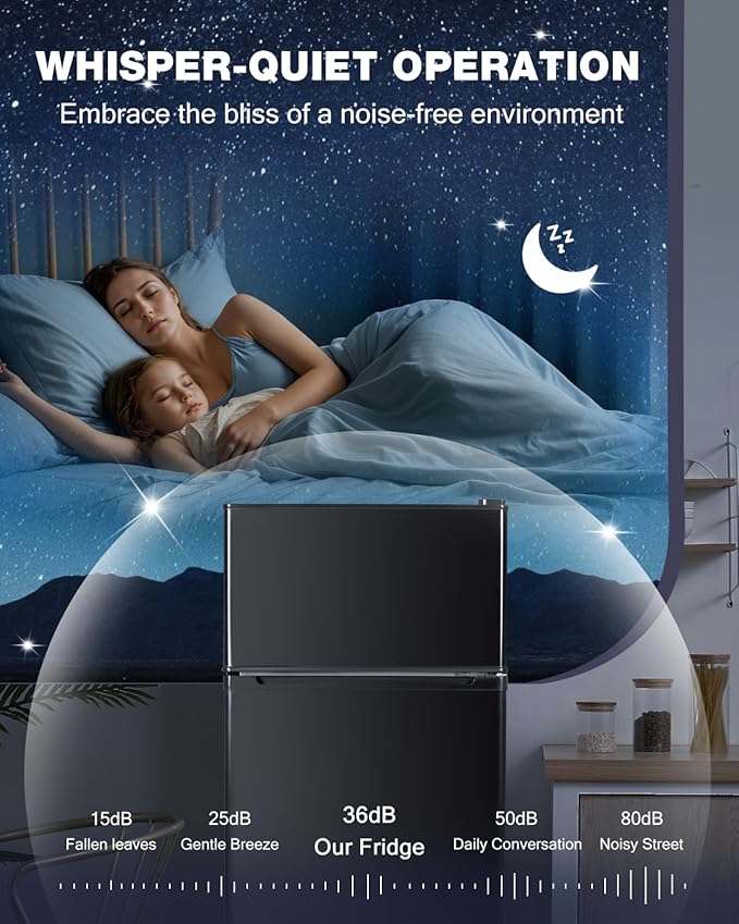 Double Door Refrigerator with Freezer, 4.5 Cu.Ft, Small Fridge with Freezer, 7 Settings Temperature Adjustable, Mini Refrigerator for Apartment Bedroom Dorm and Office (4.5 Cu.Ft, Black)