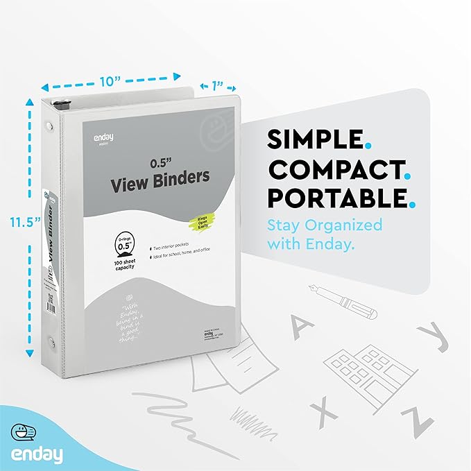 ½ Inch 3 Ring Binder Grey, .5 Inch Round Ring Clear View Cover with 2 Inside Pockets Binders, Colored School Supplies Binders, Also Available in Pink, Red, Green, Blue, and Purple (6 PC) – by Enday