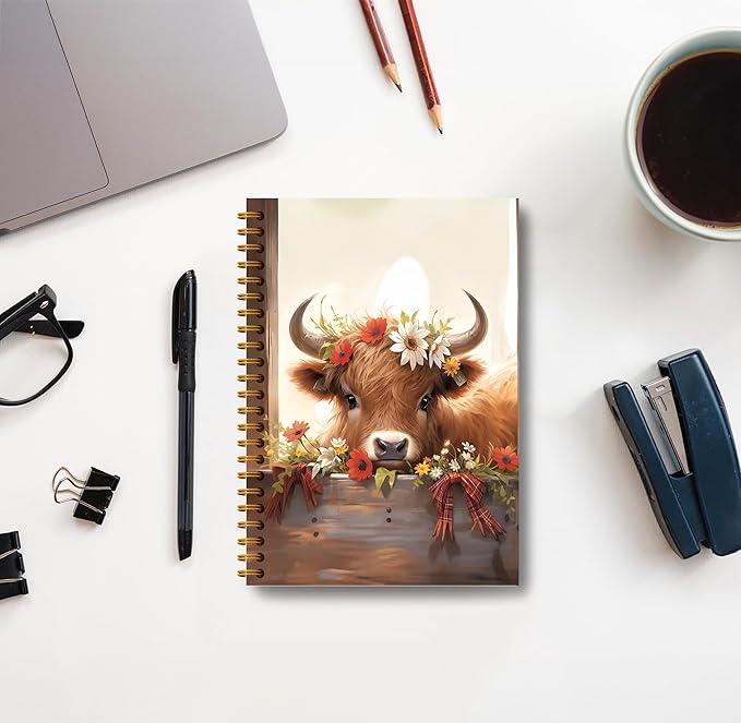 Floral Highland Cow Notebook - Western Cow Notebook, Highland Cow Office Supplies, Highland Cow Gifts, Cow Lover Gifts, Cute Cow Stuff, Farmhouse Highland Cow Spiral Notebook 5.5x8.3