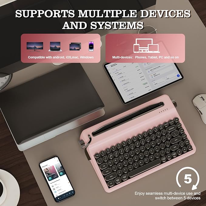 YUNZII QL75 Wireless Typewriter Hot Swap Retro Mechanical Keyboard,Punk Round Keycaps,RGB Backlit QMK/VIA Programmable,Multi-Device Keyboard with 2.4GHz/Type-C/BT5.0 (Pink, Onyx Switch)