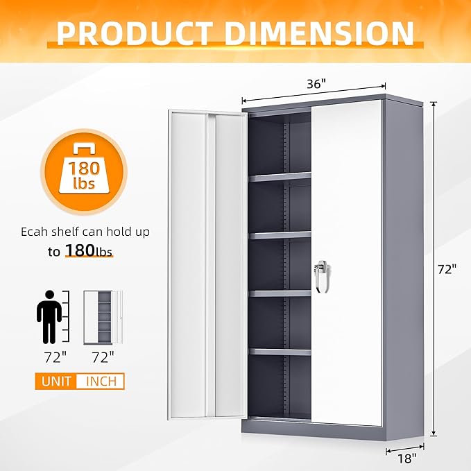 INTERGREAT Garage Storage Cabinets with Doors and Shelves,72" Grey White Steel Tool Locking Cabinet, Metal Storage Cabinet for Home Office, Warehouse, School