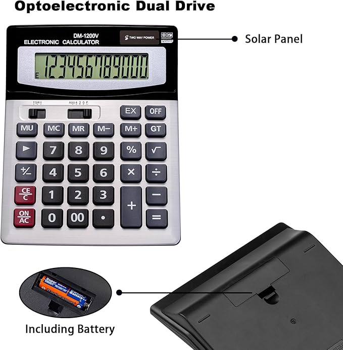 12 Digit Desktop Calculator with Large LCD Display and Sensitive Button, Dual Solar Power and Battery, Standard Function for Office (YE1200v)