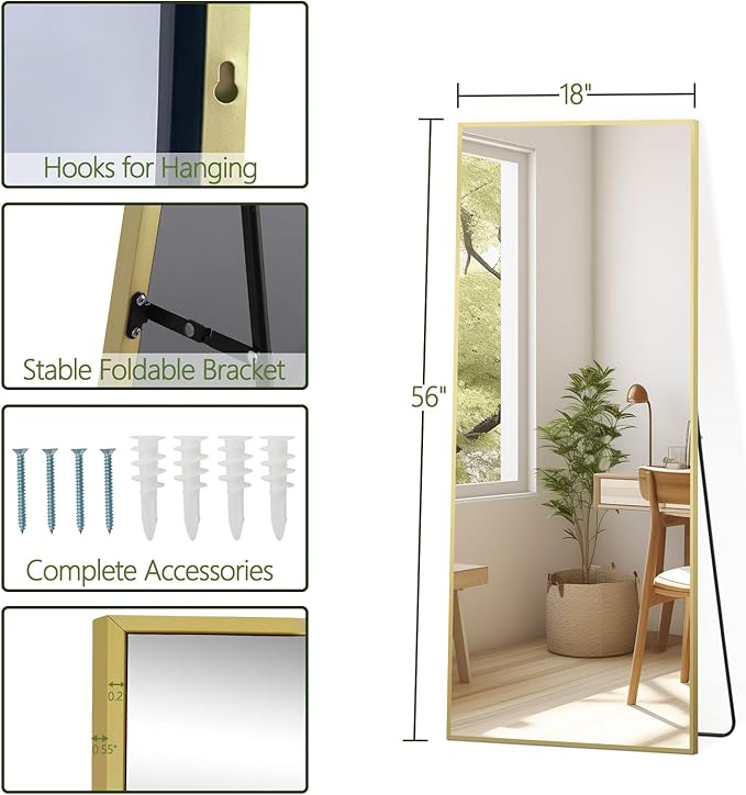 MELOMOIR Gold Mirror Full Length 56"x18" Floor Mirror, Free Standing Mirror Hanging or Leaning, Aluminum Alloy Frame Full Body Mirror for Bedroom Living Room Cloakroom Hallway, Wall Mirror Full Length