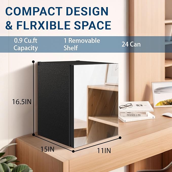 Compact Freestanding Beverage Refrigerator and Personal Beauty Fridge, 24 Can/ 0.9 Cu.Ft Mini Fridge with Mirror-Front Door for Cosmetics, Skincare, Soda, Beer and Wine