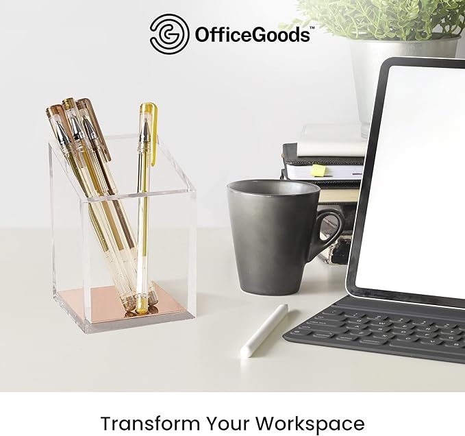 OfficeGoods Acrylic Pen & Pencil Holder - Modern Trapezoid Design - Beautiful Desk Organizer for Home or Office - 3" Square w/ 3.5" Front & 4.5" Back - Clear Rose Gold Metal
