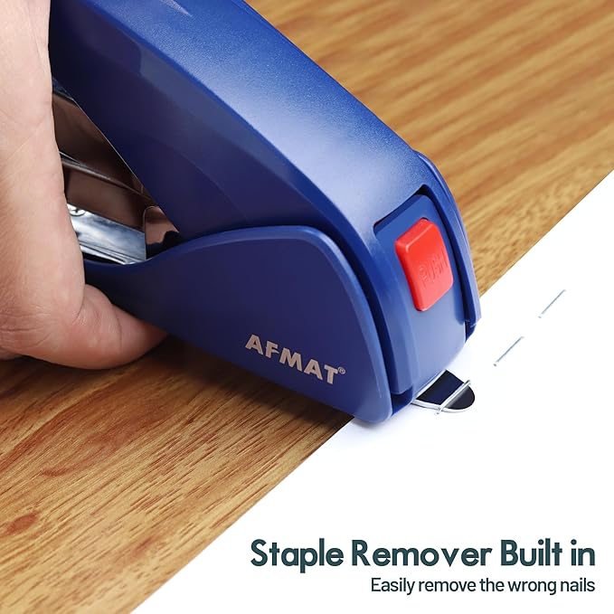 AFMAT Effortless Stapler for Desk, 50 Sheet Capacity, Low Force, Built-in Staple Remover, One Finger Touch Stapling Desktop Stapler, Portable & Space Save Size, Good for Home & Office, Blue