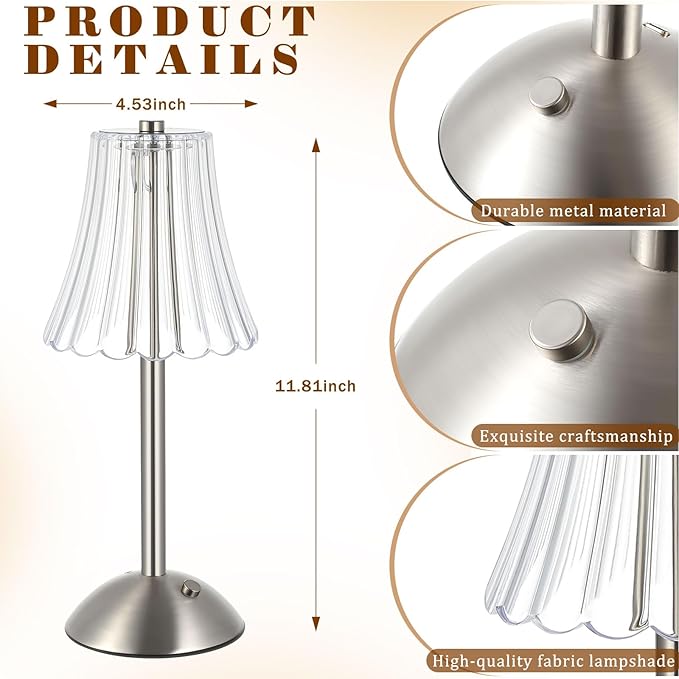 Liliful 2 Pcs LED Portable Cordless Table Lamp Touch Battery Operated Rechargeable Gold Desk Lamp 3 Color Dimmable for Bedroom Living Room Dining (Silver,Rose Style)