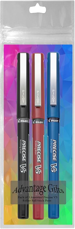 Precise V5 Stick Rolling Ball Pens, Extra Fine Point (.5mm), Assorted Colors Black/Blue/Red Ink, 3-pk; Bundle with Plastic Reusable Pouch