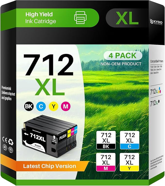 712XL 712 Ink Cartridge Remanufactured Combo 4 Pack Replacement for HP 712XL 712 712 XL Ink Cartridge to Use for DesignJet T650 T250 T230 T630 T210 Studio Plotter Printer (BK/C/M/Y, 4 Pack)