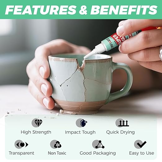 Super Glue Liquid, Instant Adhesive, Multipack Cyanoacrylate Strong Clear Glue for Shoe Sole Repair Ceramic Plastic Metal Wood Pottery Leather Aquarium Glass Rubber, Strong Bonding