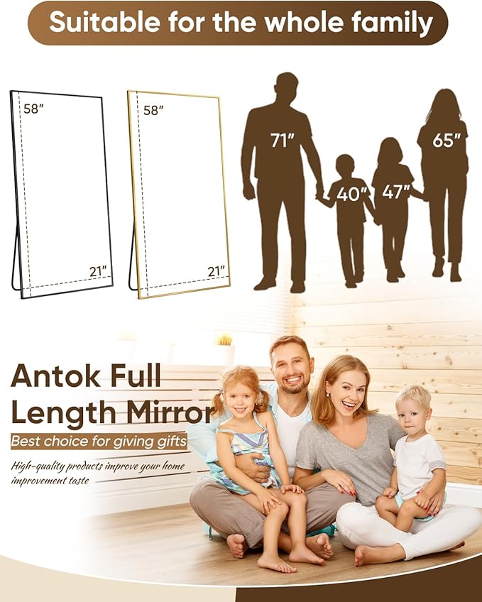 Antok Full Length Mirror, 58"x21" Floor Mirror, Floor Standing Freestanding Full Body Mirror with Stand for Bedroom, Hanging Mounted for Living Room Cloakroom, Gold